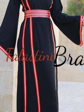 Palestini-Style Black Long-Sleeve Dress thobe with Red Trim